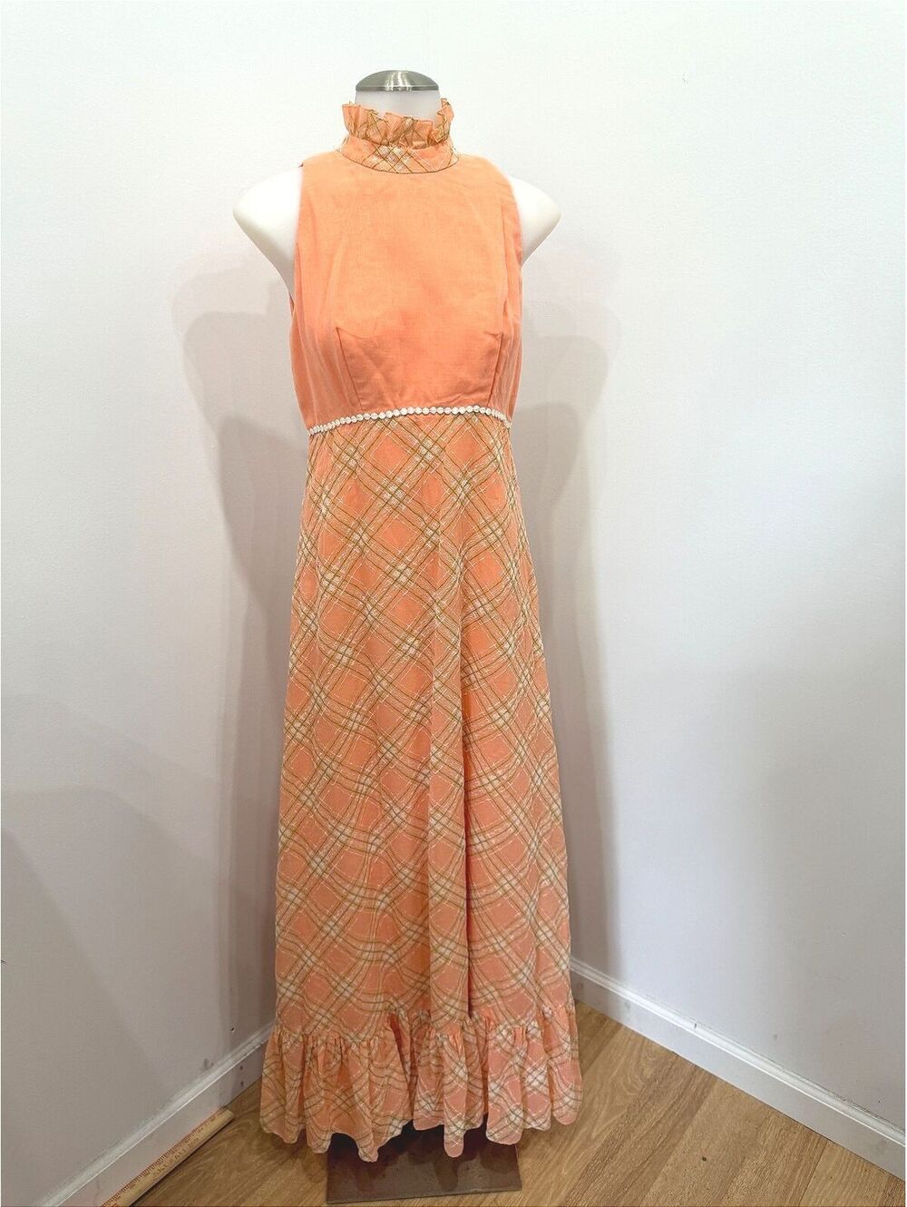 Vintage 1970s Peach Plaid Maxi Dress with Ruffle Neck and Pearl Trim